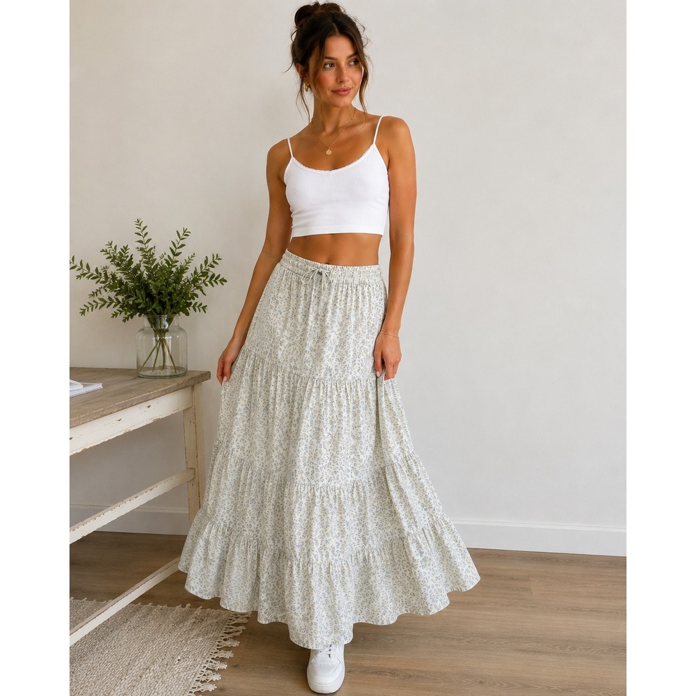 John Galt Floral Tiered Maxi Skirt Ditzy Boho Cottagecore Waist Hippie Trad Wife